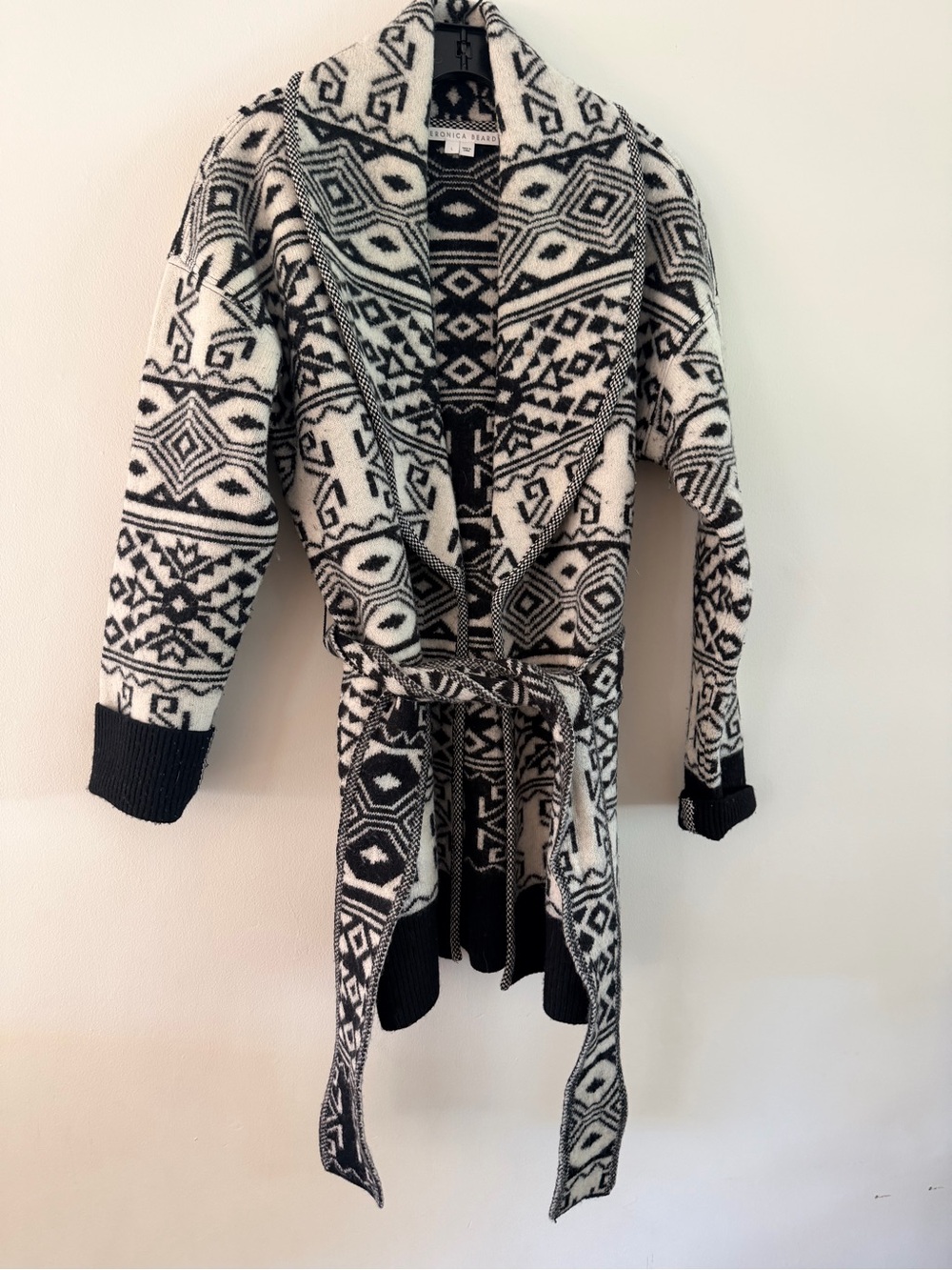 Veronica Beard Black & White Geometric Belted Cardigan Coat